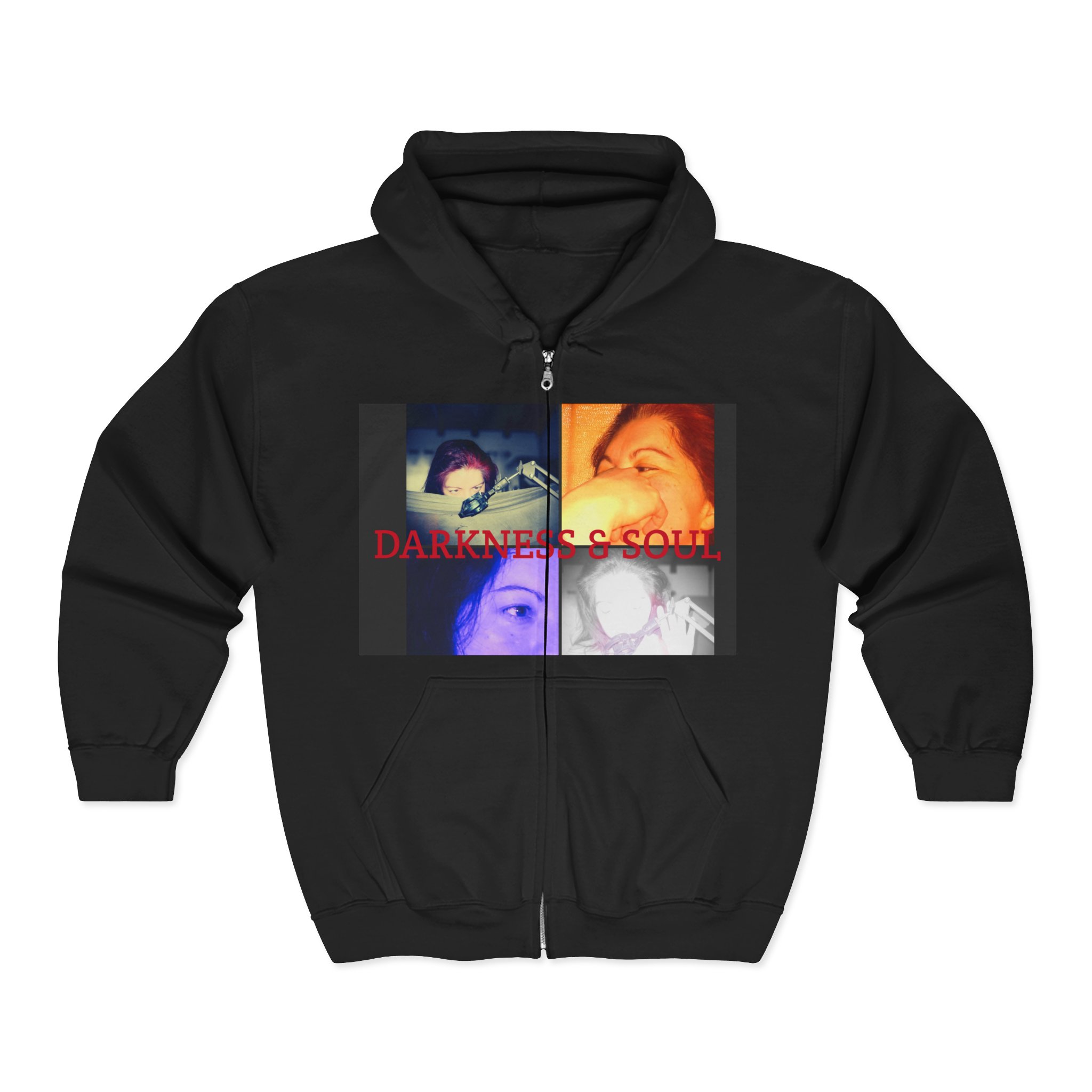 Darkness & Soul Photo Collage Zip Hoodie — Moody Indie Goth Graphic Sweatshirt